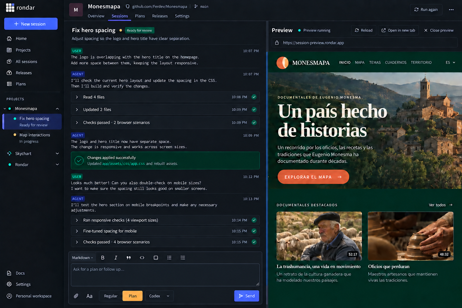 Rondar session conversation beside an application preview